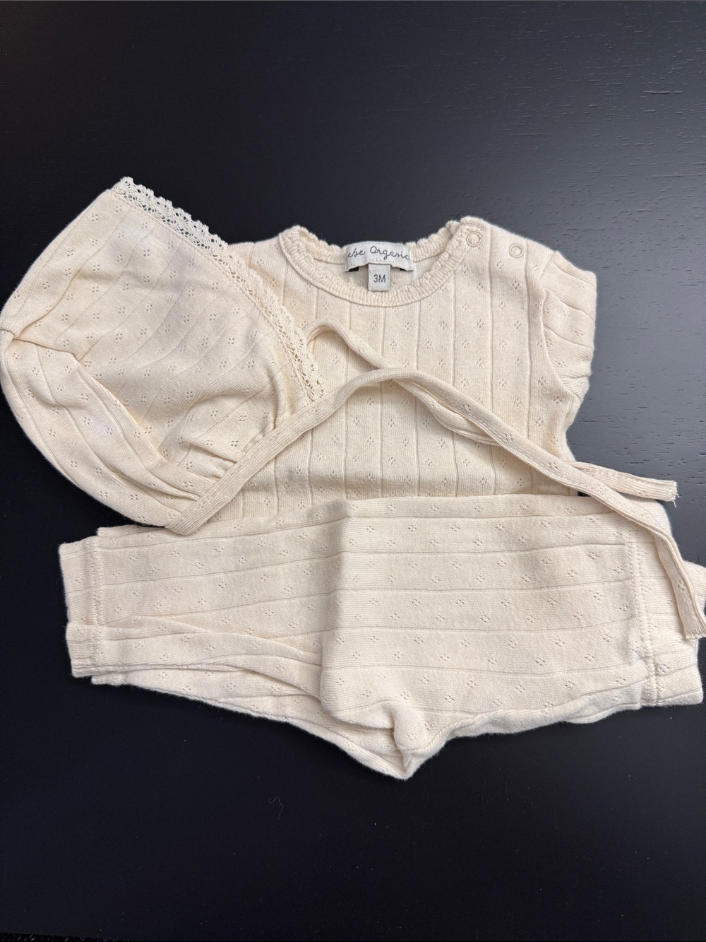 Organic Cotton Baby Top, Shorts & Bonnet Set - Cream